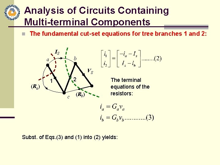 Analysis of Circuits Containing Multi-terminal Components n The fundamental cut-set equations for tree branches