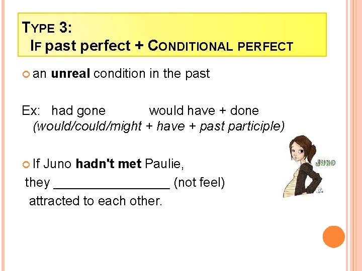 TYPE 3: IF past perfect + CONDITIONAL PERFECT an unreal condition in the past