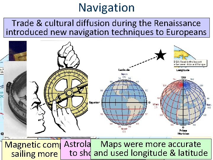 Navigation Trade & cultural diffusion during the Renaissance introduced new navigation techniques to Europeans
