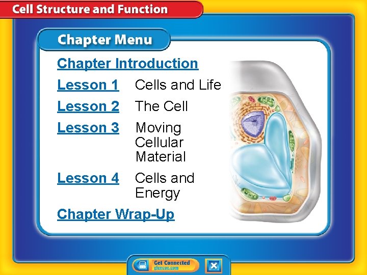 Chapter Introduction Lesson 1 Cells and Life Lesson 2 Lesson 3 The Cell Moving Chapter Introduction Lesson 1 Cells and Life Lesson 2 Lesson 3 The Cell Moving