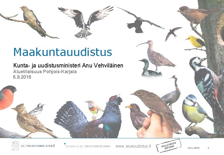 Maakuntauudistus Kunta- ja uudistusministeri Anu Vehviläinen Aluetilaisuus Pohjois-Karjala 5. 9. 2016 www. alueuudistus. fi