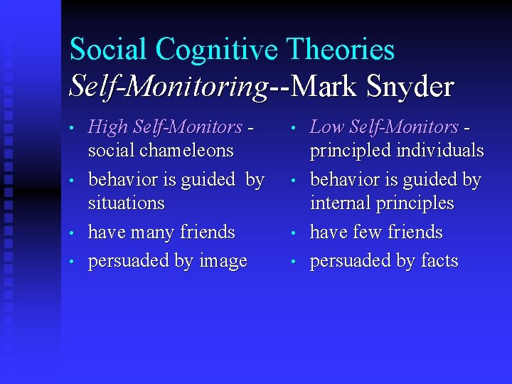 Social Cognitive Theories Self-Monitoring--Mark Snyder • • High Self-Monitors social chameleons behavior is guided