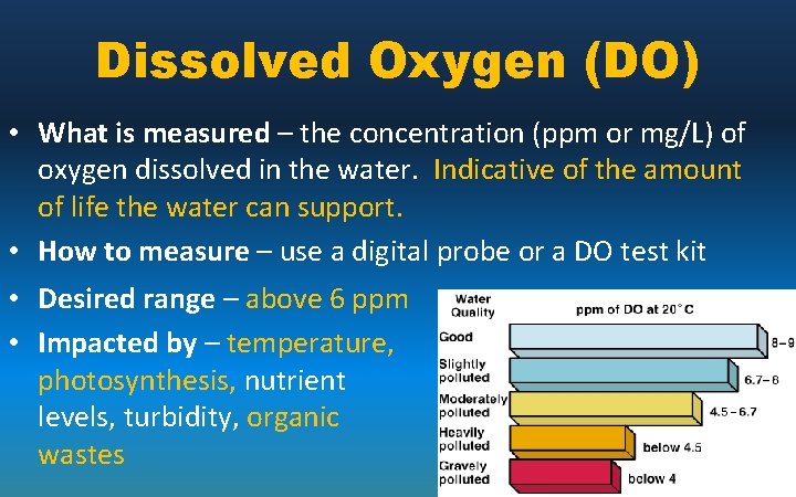 Dissolved Oxygen (DO) • What is measured – the concentration (ppm or mg/L) of