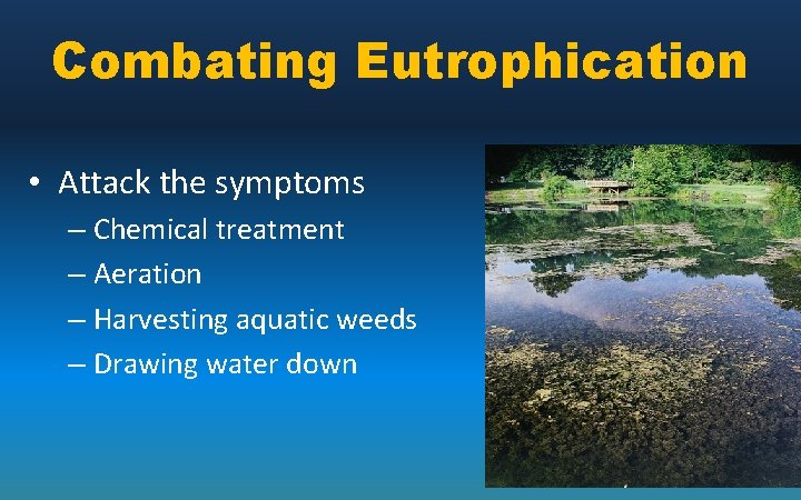Combating Eutrophication • Attack the symptoms – Chemical treatment – Aeration – Harvesting aquatic