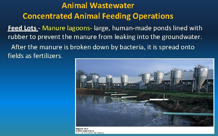 Animal Wastewater Concentrated Animal Feeding Operations Feed Lots - Manure lagoons- large, human-made ponds