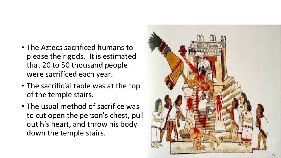  • The Aztecs sacrificed humans to please their gods. It is estimated that