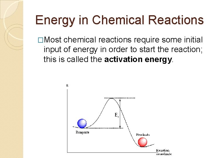 Energy in Chemical Reactions �Most chemical reactions require some initial input of energy in