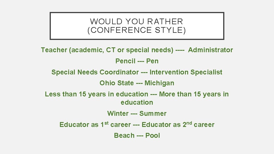 WOULD YOU RATHER (CONFERENCE STYLE) Teacher (academic, CT or special needs) ---- Administrator Pencil