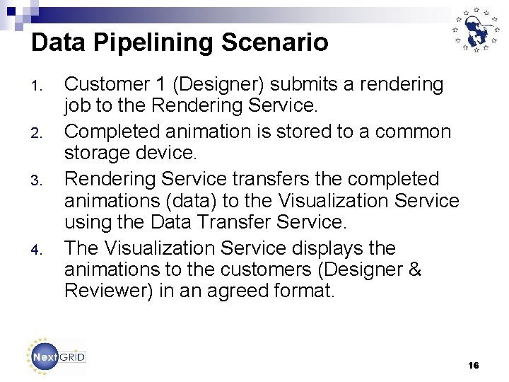 Data Pipelining Scenario 1. 2. 3. 4. Customer 1 (Designer) submits a rendering job