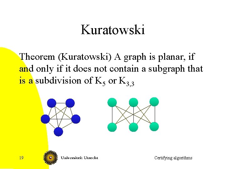 Kuratowski Theorem (Kuratowski) A graph is planar, if and only if it does not