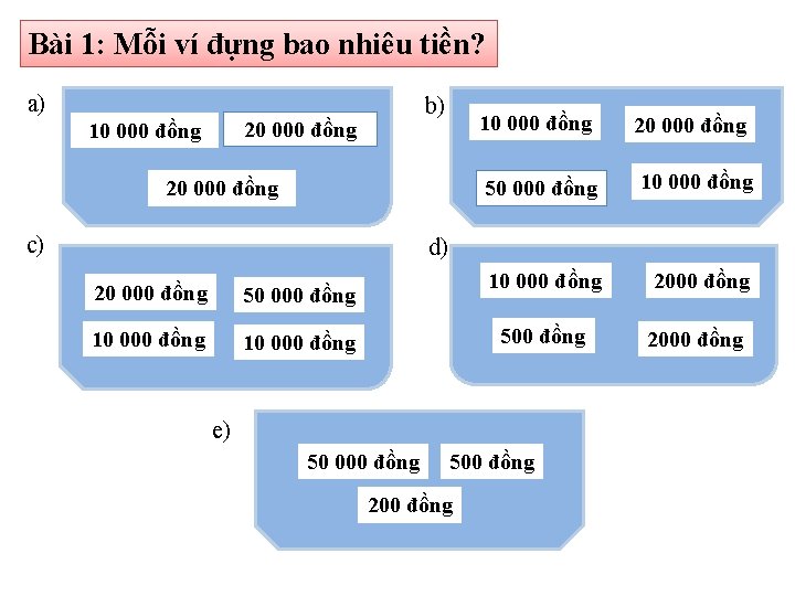 Bài 1: Mỗi ví đựng bao nhiêu tiền? a) b) 20 000 đồng 10