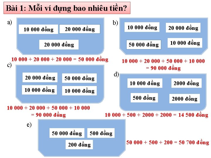 Bài 1: Mỗi ví đựng bao nhiêu tiền? a) 10 000 đồng b) 20