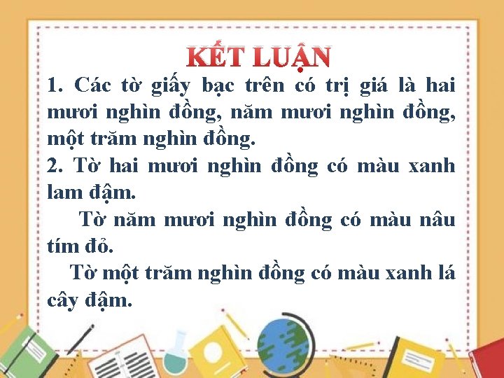 KẾT LUẬN 1. Các tờ giấy bạc trên có trị giá là hai mươi