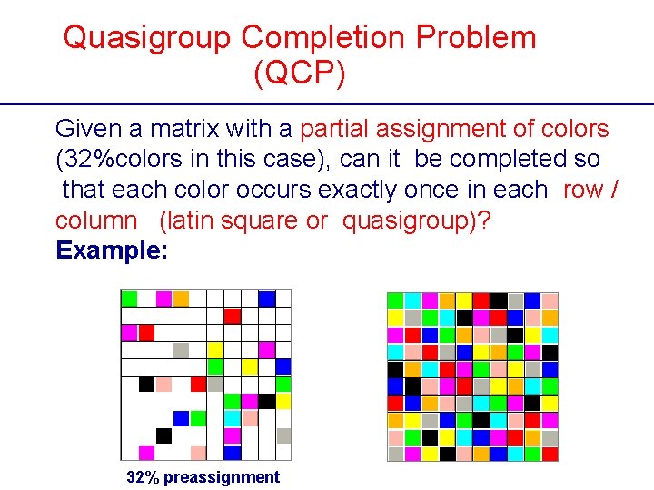 Quasigroup Completion Problem (QCP) Given a matrix with a partial assignment of colors (32%colors