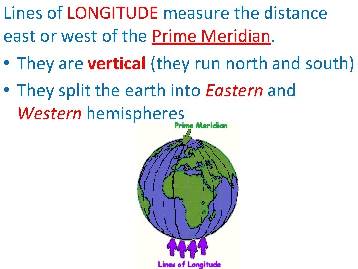 Lines of LONGITUDE measure the distance east or west of the Prime Meridian. •