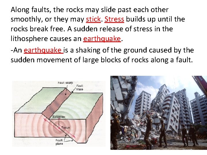 Along faults, the rocks may slide past each other smoothly, or they may stick.