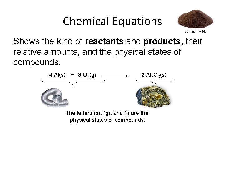 Chemical Equations aluminum oxide Shows the kind of reactants and products, their relative amounts,
