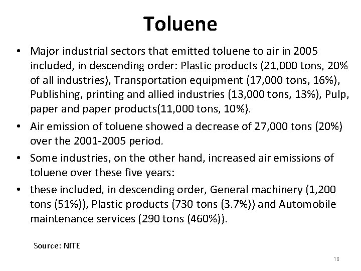 Toluene • Major industrial sectors that emitted toluene to air in 2005 included, in