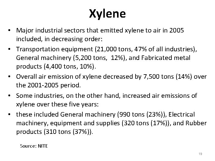 Xylene • Major industrial sectors that emitted xylene to air in 2005 included, in