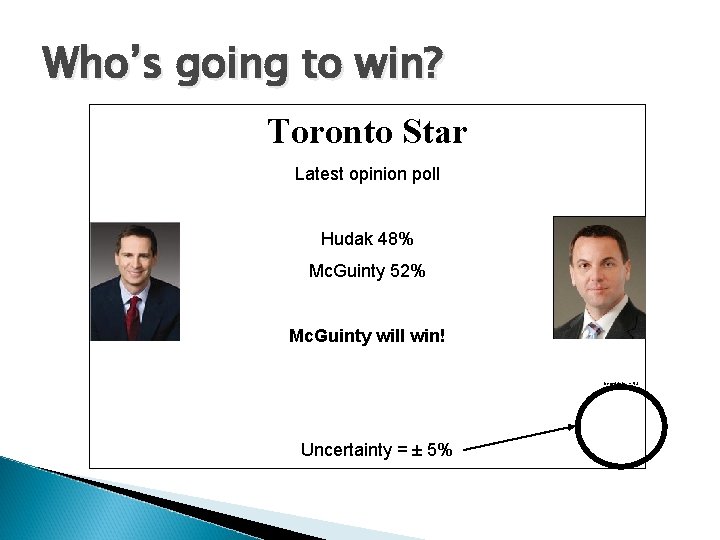 Who’s going to win? Toronto Star Latest opinion poll Hudak 48% Mc. Guinty 52%