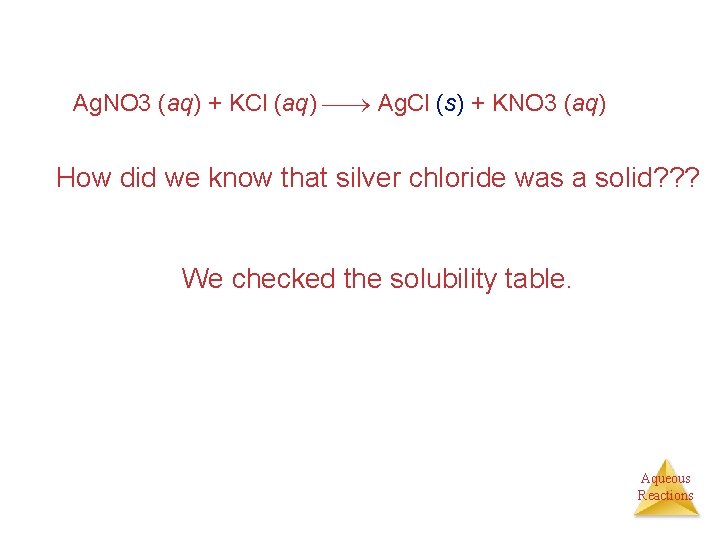 Ag. NO 3 (aq) + KCl (aq) Ag. Cl (s) + KNO 3 (aq)