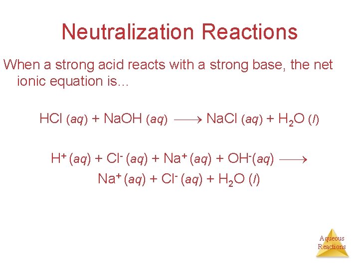 Neutralization Reactions When a strong acid reacts with a strong base, the net ionic