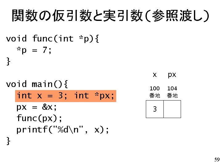 関数の仮引数と実引数(参照渡し) void func(int *p){ *p = 7; } void main(){ int x = 3;