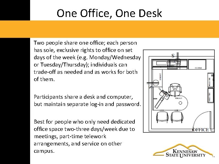 One Office, One Desk Two people share one office; each person has sole, exclusive