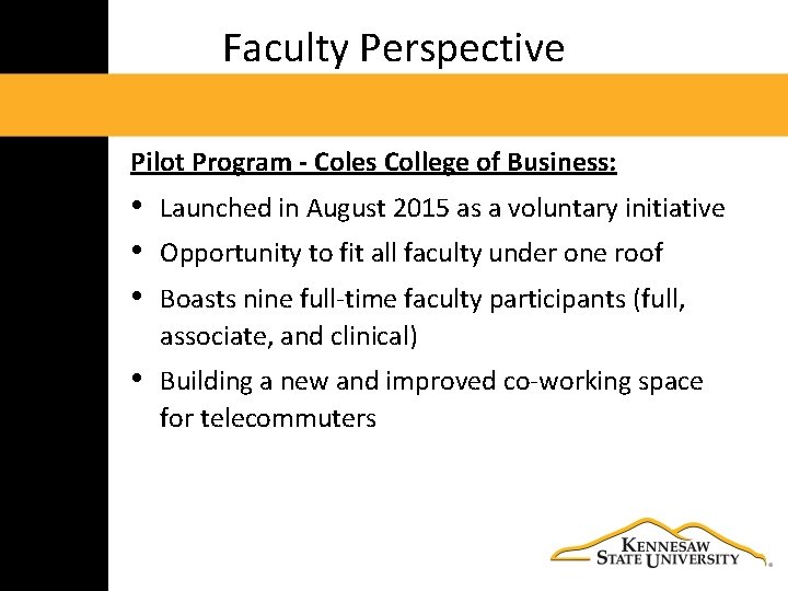 Faculty Perspective Pilot Program - Coles College of Business: • • • Launched in