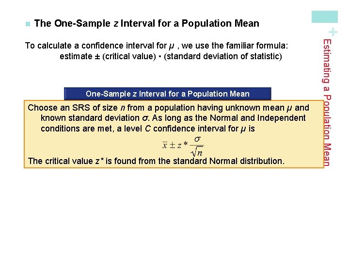 The One-Sample z Interval for a Population Mean Choose an SRS of size n