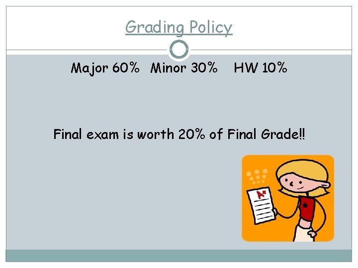 Grading Policy Major 60% Minor 30% HW 10% Final exam is worth 20% of