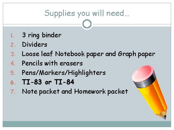 Supplies you will need… 3 ring binder 2. Dividers 3. Loose leaf Notebook paper