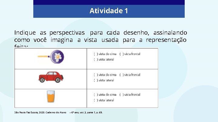 Atividade 1 Indique as perspectivas para cada desenho, assinalando como você imagina a vista