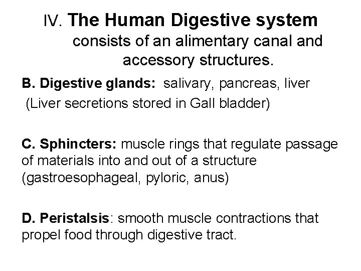 IV. The Human Digestive system consists of an alimentary canal and accessory structures. B.