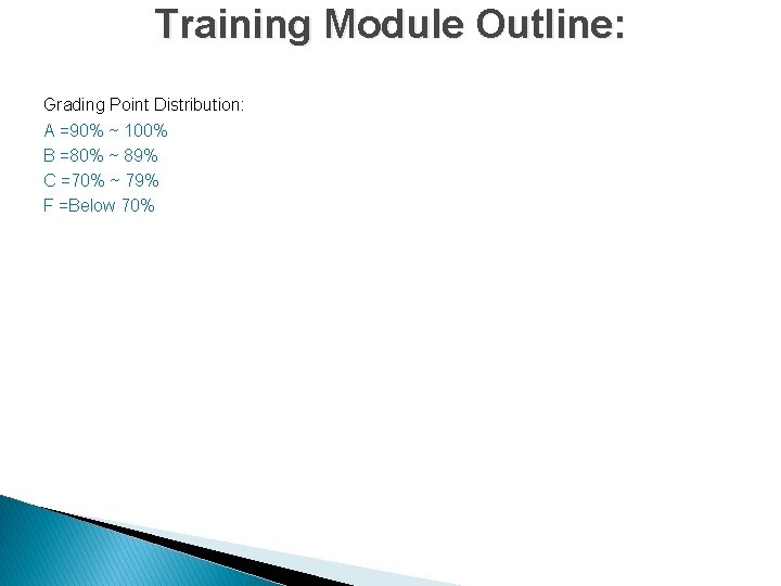 Training Module Outline: Grading Point Distribution: A =90% ~ 100% B =80% ~ 89%