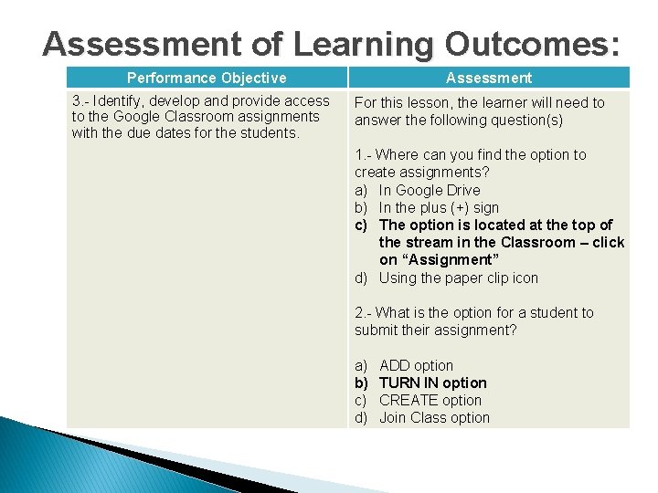Assessment of Learning Outcomes: Performance Objective 3. - Identify, develop and provide access to