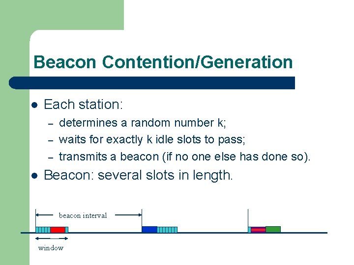 Beacon Contention/Generation l Each station: – – – l determines a random number k; Beacon Contention/Generation l Each station: – – – l determines a random number k;
