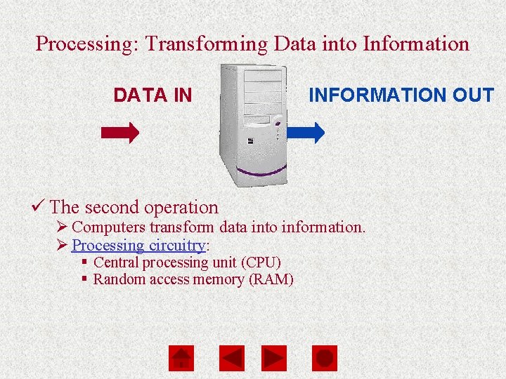 Computers Are Your Future Chapter 1 Processing: Transforming Data into Information DATA IN ü