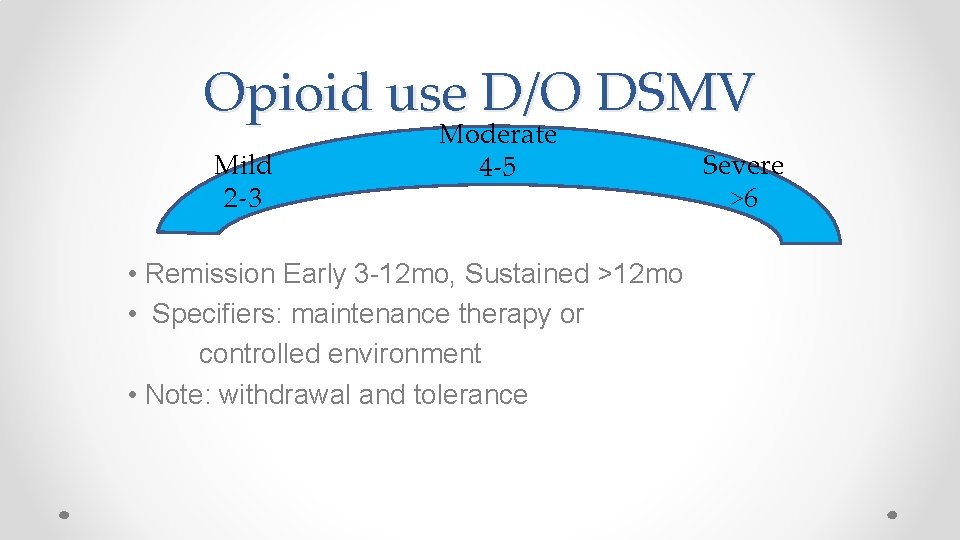 Opioid use D/O DSMV Mild 2 -3 Moderate 4 -5 • Remission Early 3