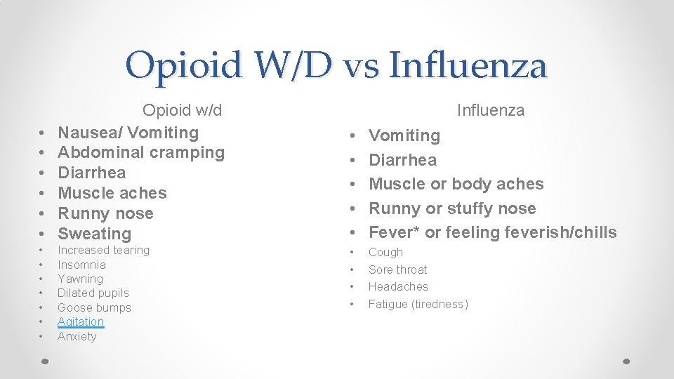 Opioid W/D vs Influenza • • • Opioid w/d Nausea/ Vomiting Abdominal cramping Diarrhea