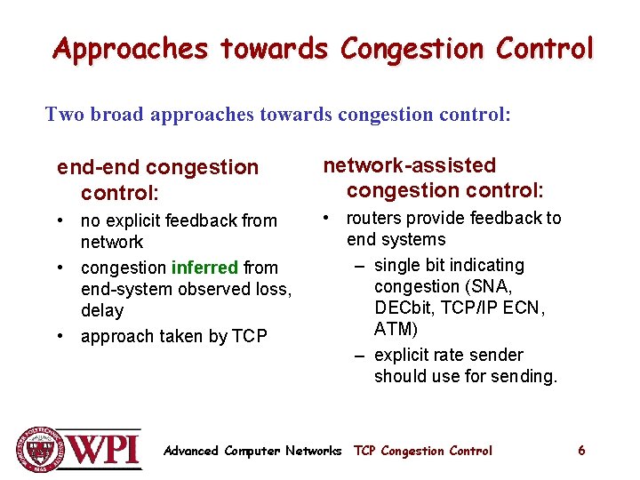 Approaches towards Congestion Control Two broad approaches towards congestion control: end-end congestion control: network-assisted Approaches towards Congestion Control Two broad approaches towards congestion control: end-end congestion control: network-assisted