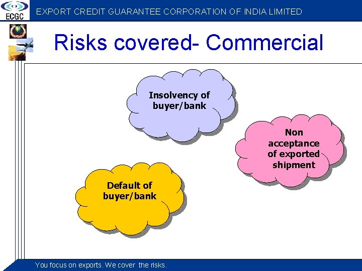 EXPORT CREDIT GUARANTEE CORPORATION OF INDIA LIMITED Risks covered- Commercial Insolvency of buyer/bank Non