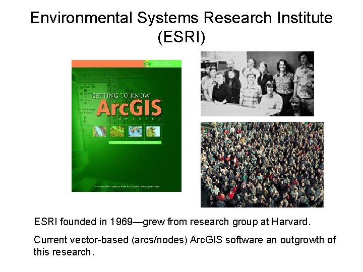 Environmental Systems Research Institute (ESRI) ESRI founded in 1969—grew from research group at Harvard.