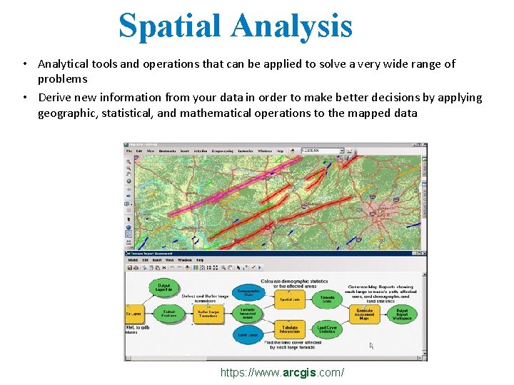 Spatial Analysis • Analytical tools and operations that can be applied to solve a