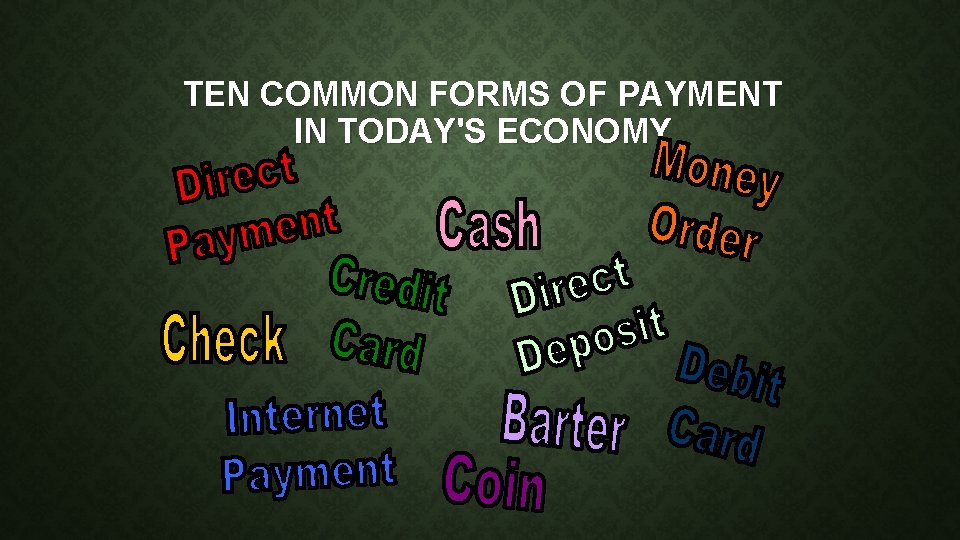 TEN COMMON FORMS OF PAYMENT IN TODAY'S ECONOMY 