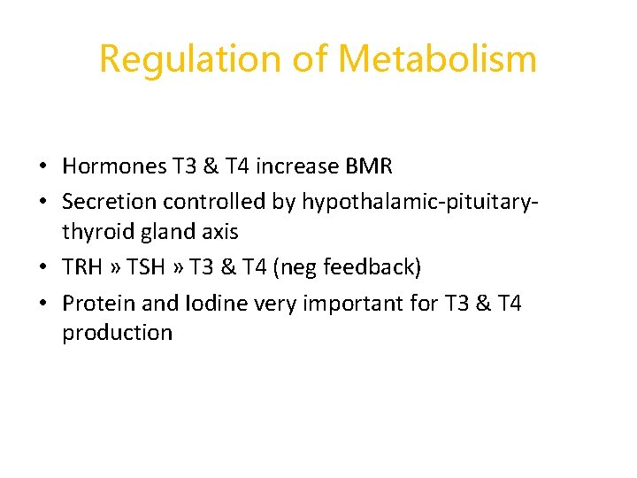 Regulation of Metabolism • Hormones T 3 & T 4 increase BMR • Secretion