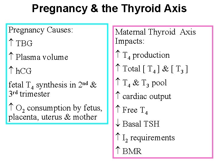 Pregnancy & the Thyroid Axis Pregnancy Causes: TBG Maternal Thyroid Axis Impacts: Plasma volume