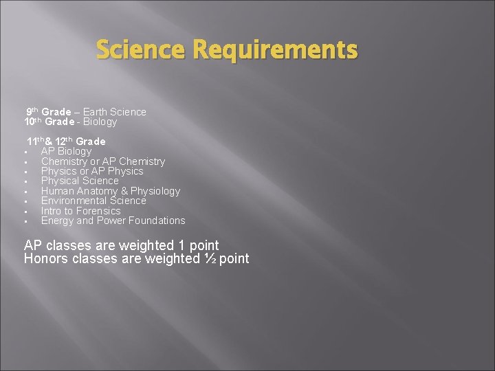 Science Requirements 9 th Grade – Earth Science 10 th Grade - Biology 11