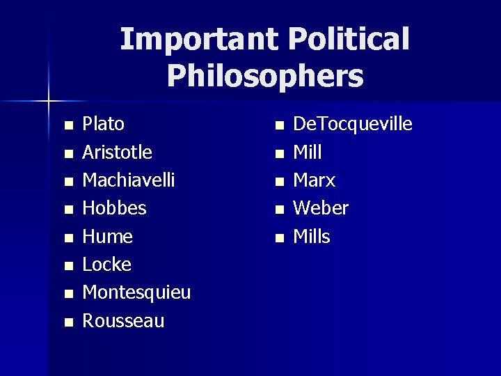 Important Political Philosophers n n n n Plato Aristotle Machiavelli Hobbes Hume Locke Montesquieu