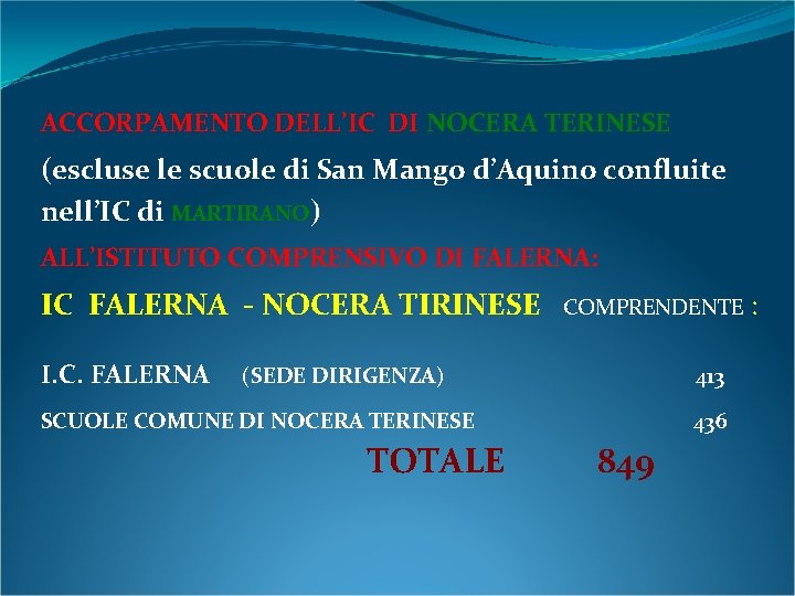 ACCORPAMENTO DELL’IC DI NOCERA TERINESE (escluse le scuole di San Mango d’Aquino confluite nell’IC